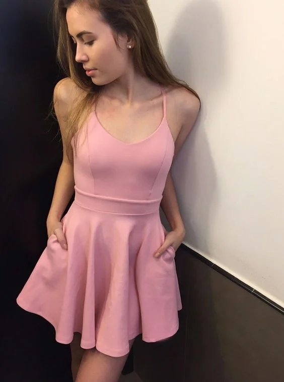 Hot Deals You Can’t Resist!A-Line Scoop Criss-Cross Straps Short Pink Homecoming Dress with Pockets cg2379