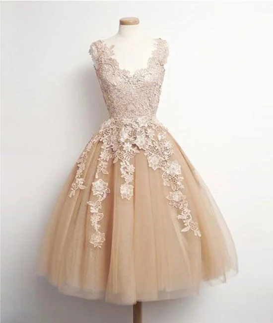 Mega Sale Happening Now!A-Line Sleeveless Champagne Short Homecoming Dresses,Appliqued Tulle Homecoming Dresses cg2165
