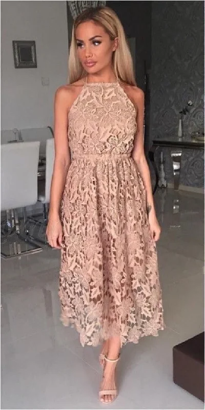 Only a Few Left – Order Now!A-Line Spaghetti Straps Ankle-Length Champagne Lace Homecoming Dress cg1901