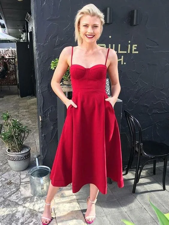 Your Wallet Will Thank You!A-Line Spaghetti Straps Cheap Red Tea Length Homecoming Dresses cg2315