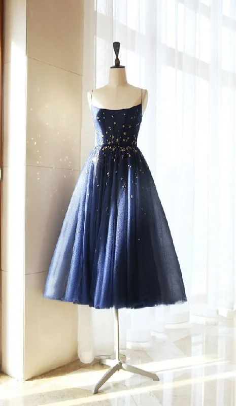 Best Price of the Season!A Line Spaghetti Straps Navy Blue Tea Length Homecoming Dress With Sequins cg2301