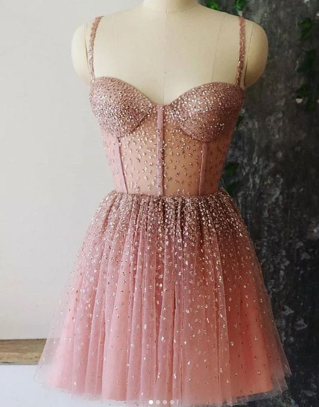 Flash Deals – Act Quickly!A-line Spaghetti Straps Short Dresses Dusty Pink Beaded Homecoming Dress  cg1880