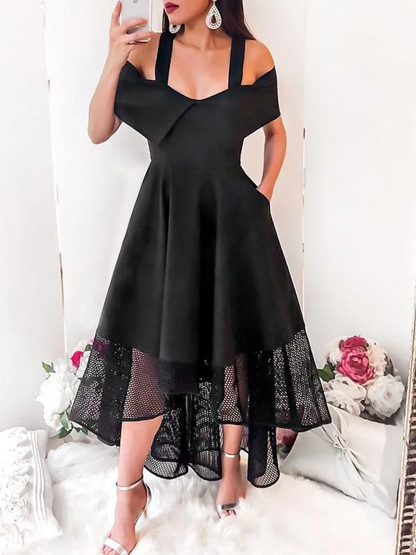 Hurry! While Supplies Last!A-Line Two Straps Off Shoulder High Low Cheap Black Homecoming Dresses cg1750