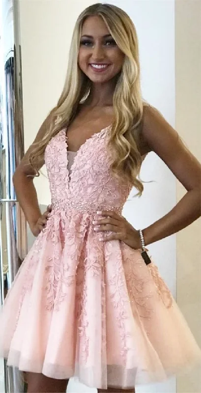 Stock Up and Save!A-Line V-neck Above-Knee Pink Homecoming Dress cg2361