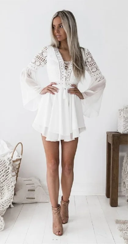 Buy One, Get One Free!A-Line V-neck Bell Sleeves Short White  homecoming dress cg1924