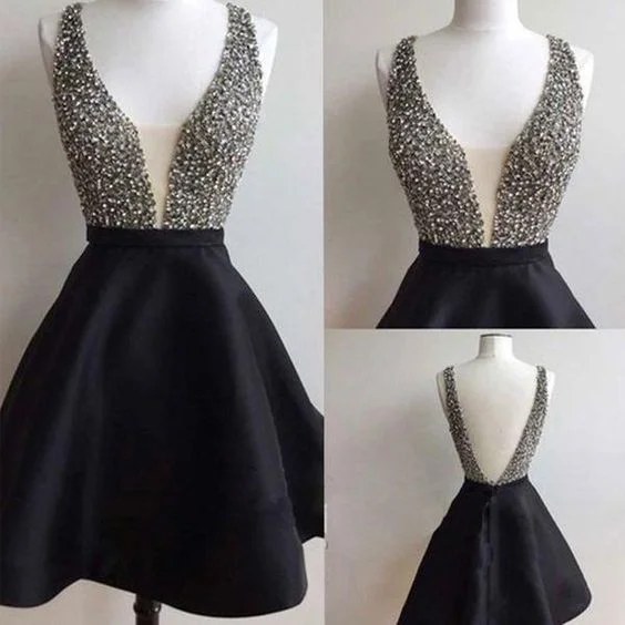 Exclusive Savings This Week!A-Line V-Neck Open Back Black Satin Short Homecoming Dress With Beading cg1723