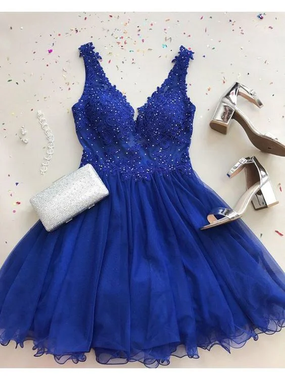 Save Like Never Before!A-Line V-Neck Short Backless Royal Blue Homecoming Dress with Appliques cg1844