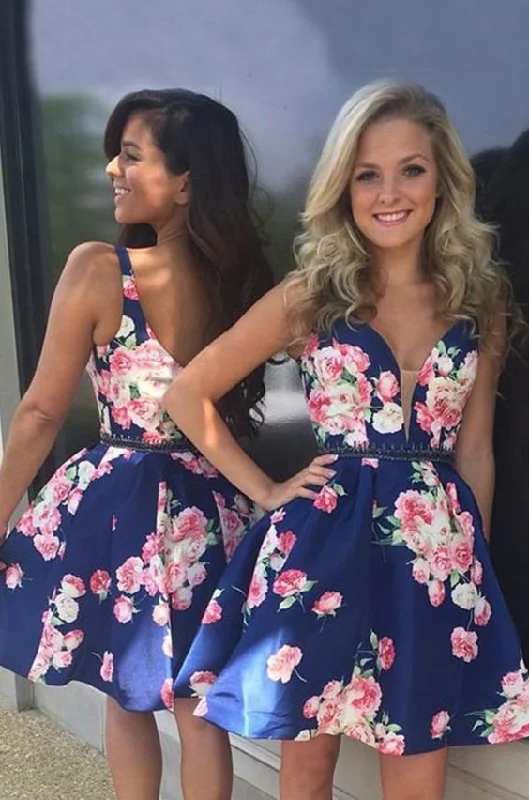 Steals and Deals Await!A-Line V-Neck Short Dark Blue Printed Homecoming Dress cg2124