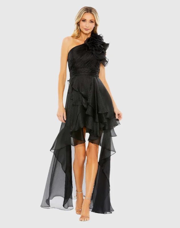 Grab Yours Before It’s Too Late!One Shoulder Ruffle Hi-Lo Gown
