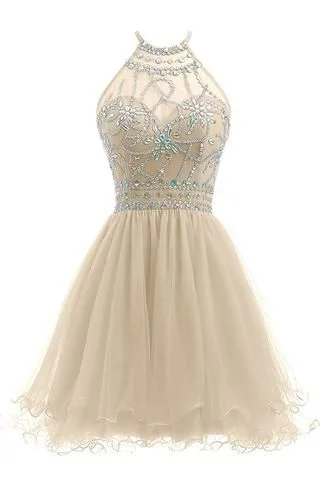 Today’s Deals, Tomorrow’s Regrets!Beaded Halter Homecoming Dress Short Tulle Dress cg2264
