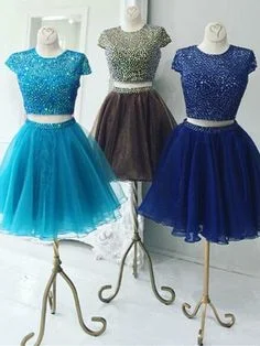The Best Sale of the Year!Beautiful Two Piece Stunning Two Piece Jewel Cap Sleeves Short Royal Blue Organza Homecoming Dress cg2135