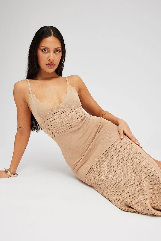 Shop Early, Save Big!Beige Knit Dress Sleeveless V Neck Midi Mixed Crochet