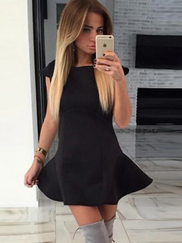 Limited Stock Available!Black Cap Sleeve Sheath Unique Open Back Homecoming Dresses cg1734