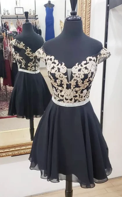 Limited Stock Available!BLACK CHIFFON LACE SHORT DRESS, BLACK HOMECOMING DRESS cg2387
