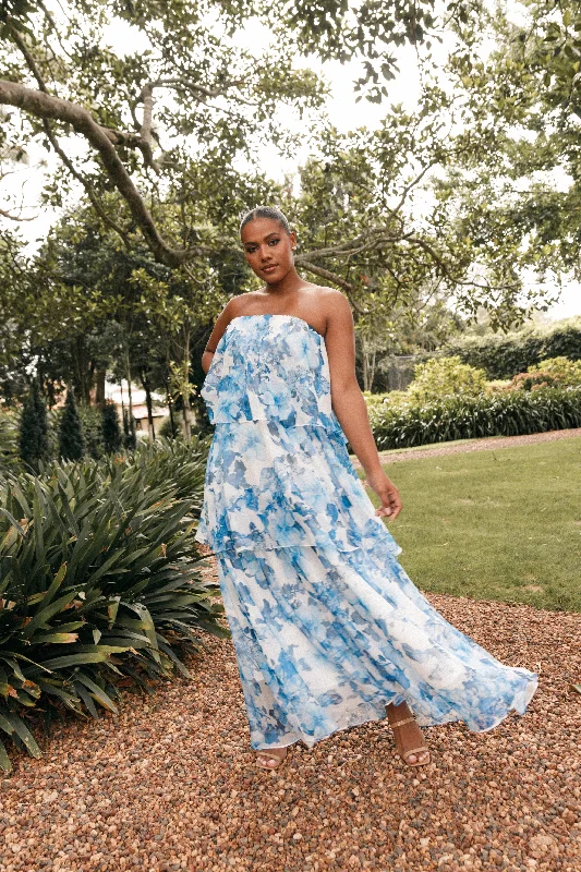 Time to Snag a Bargain!Bloom Strapless Maxi Dress - Blue White Floral