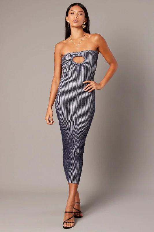 Your Wallet Will Thank You!Blue Knit Dress Key Hole Front Bandeau Midi