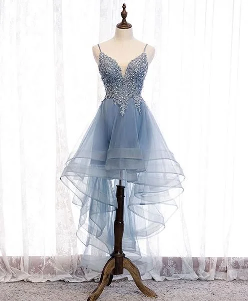 Save More with Every Purchase!Blue sweetheart tulle lace high low dress, blue homecoming dress cg2234