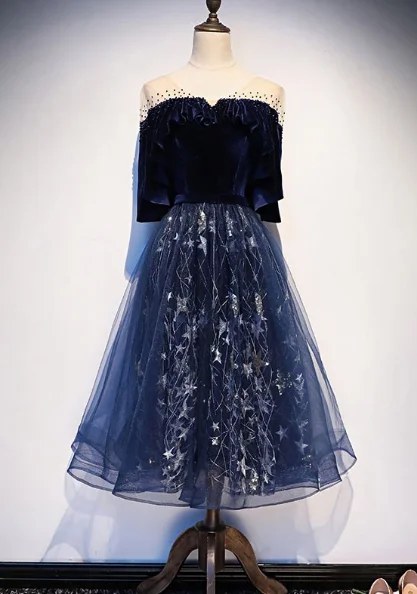 Limited Time Offer!BLUE TULLE LACE SHORT homecoming DRESS, BLUE EVENING DRESS cg2397