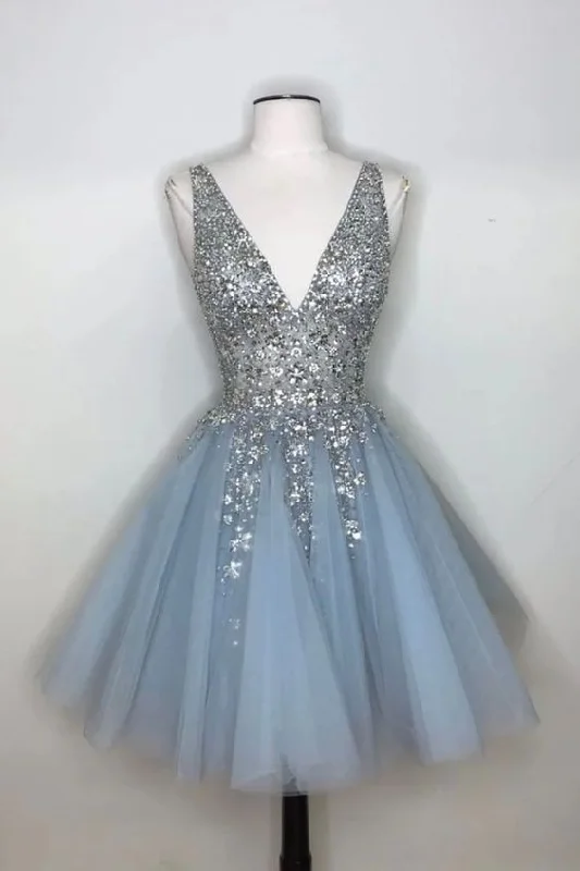 Best Offers of the Month!Blue v neck tulle sequin short dress, blue homecoming dress cg2232
