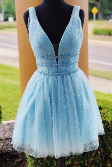 Get More for Less!BLUE V NECK TULLE SHORT DRESS, BLUE TULLE HOMECOMING DRESS cg2385