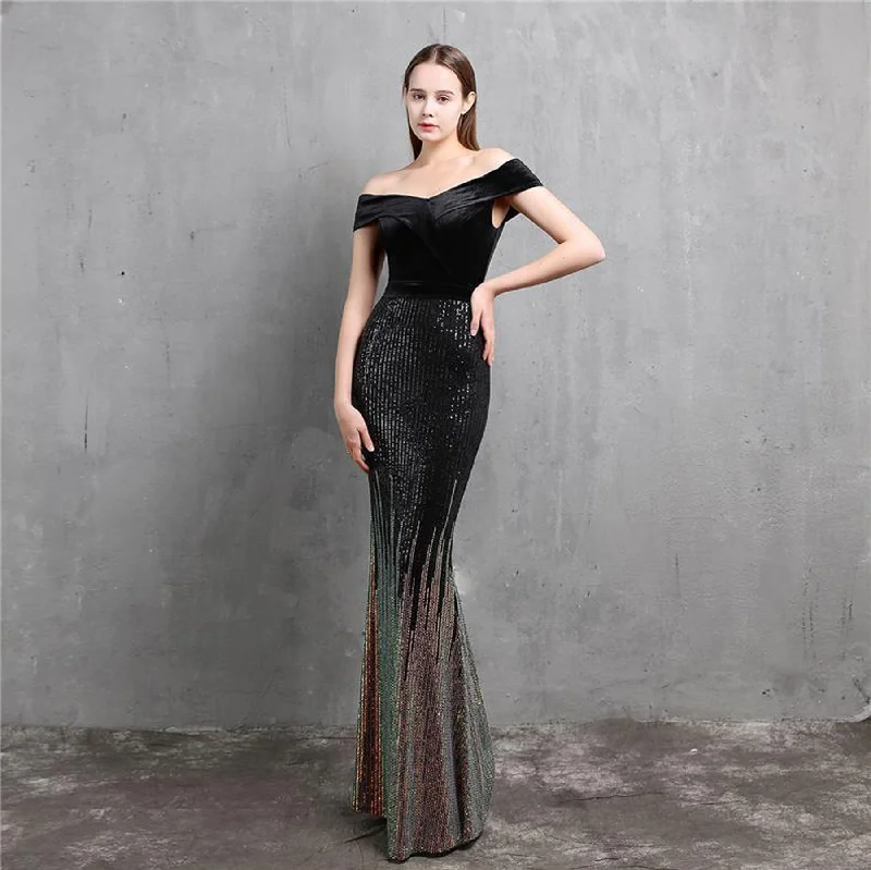 Limited Edition, Limited Price!Boat Neck Velvet Contrast Mermaid Maxi Dress