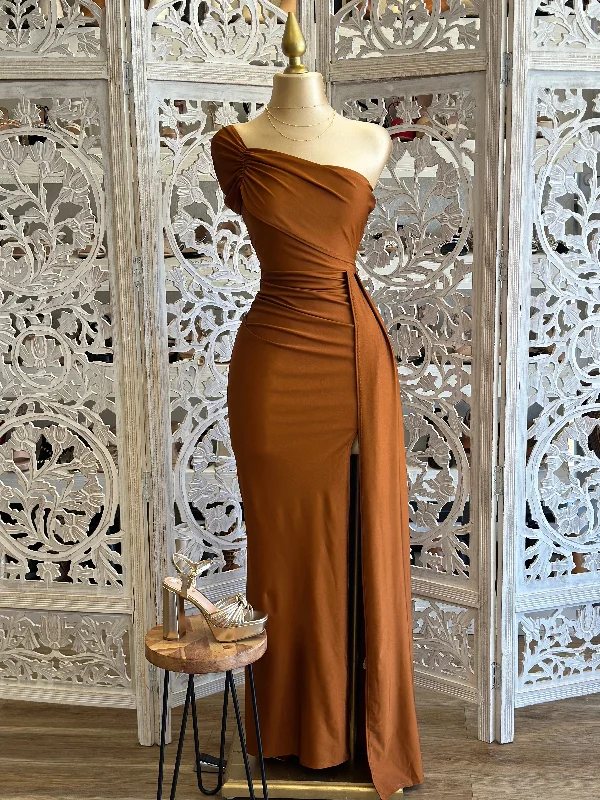 Get More for Less!Bronze One Sleeve Ruched Formal Dress- Stretchy