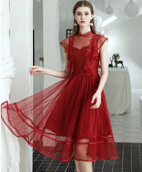 Your Best Deals Are Here!Burgundy tulle lace short dress, homecoming dress cg2050