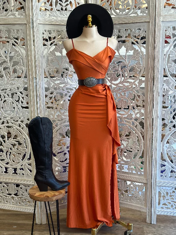 One Click Away from Big Savings!Burnt Orange Off Shoulder Gown - Estira, Stretchy