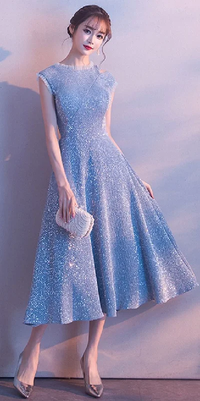 Instant Savings Await!Cap Sleeve Light Blue Tea Length Cute Homecoming Dress cg2286