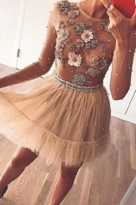 Save Like Never Before!Champagne tulle beads short dress, champagne homecoming dress cg2057
