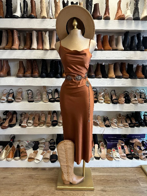 Score Big Savings Today!Copper Cowl Neck Dress