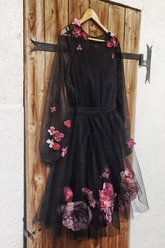 Shop Now and Save!Cute Black Tulle Round Neck Short homecoming Dress, Homecoming Dress With Flower  cg1984
