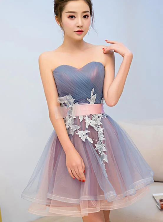 Huge Price Cuts Await!Cute Blue And Pink Knee Length Homecoming Dress With Belt, Lovely Party Dresses cg1793