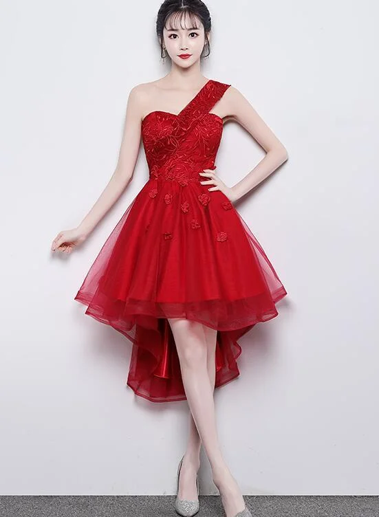 Incredible Savings Inside!Cute One Shoulder Sweetheart Tulle High Low Party Dress, Red Homecoming Dress cg1795