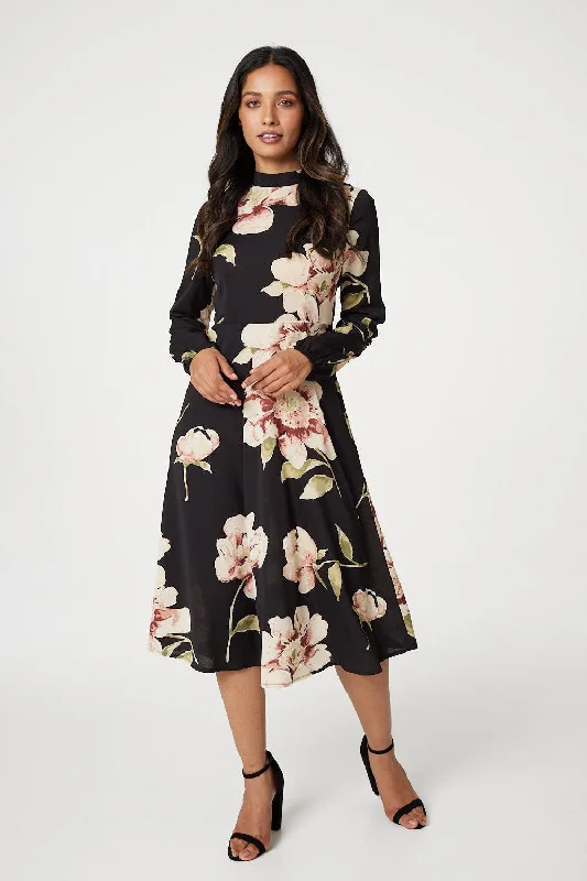 Hottest Discounts of the Year!Floral Long Sleeved Midi Tea Dress