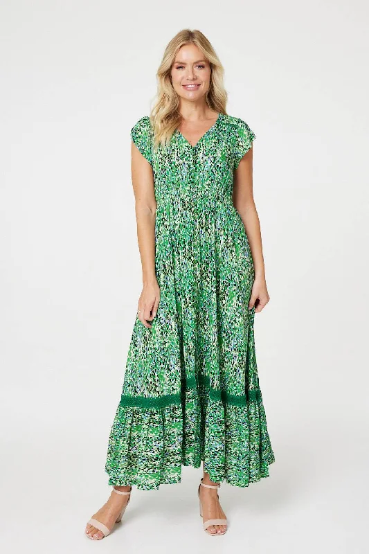 Snag the Best Prices Now!Printed Lace Detail Maxi Dress