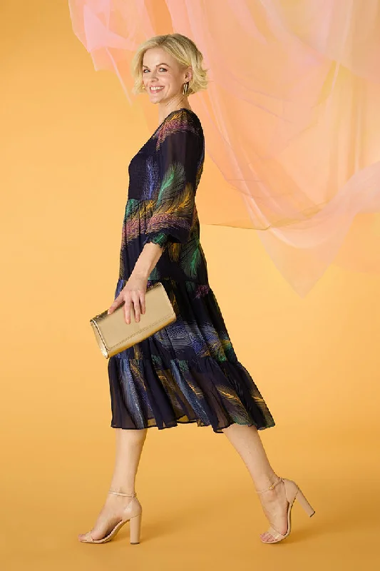 Best Price of the Season!Feather Print Midi Smock Dress