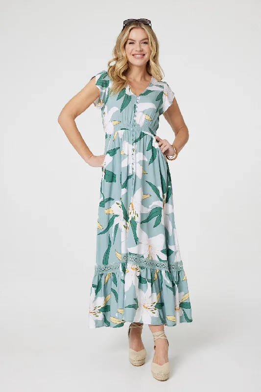 Save Like Never Before!Lilly Print Lace Trim Maxi Dress