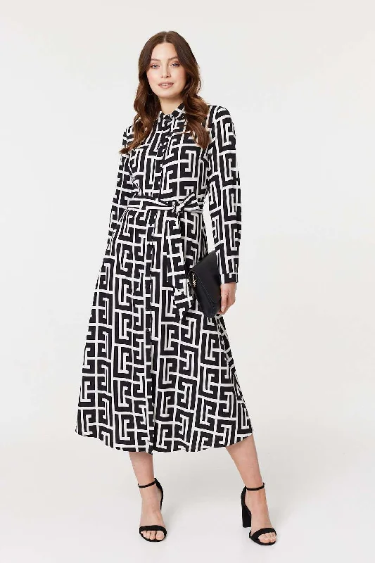 Today Only – Don’t Miss It!Printed Tie Waist Midi Shirt Dress