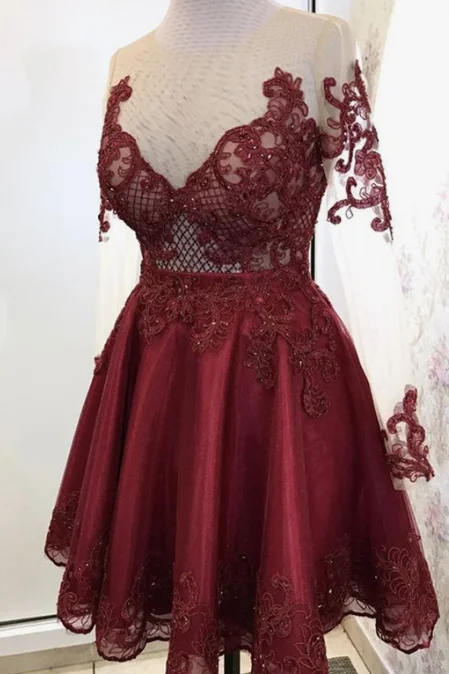 Only a Few Left – Order Now!Elegant Burgundy Tulle Homecoming Dresses Lace Long Sleeves cg2354