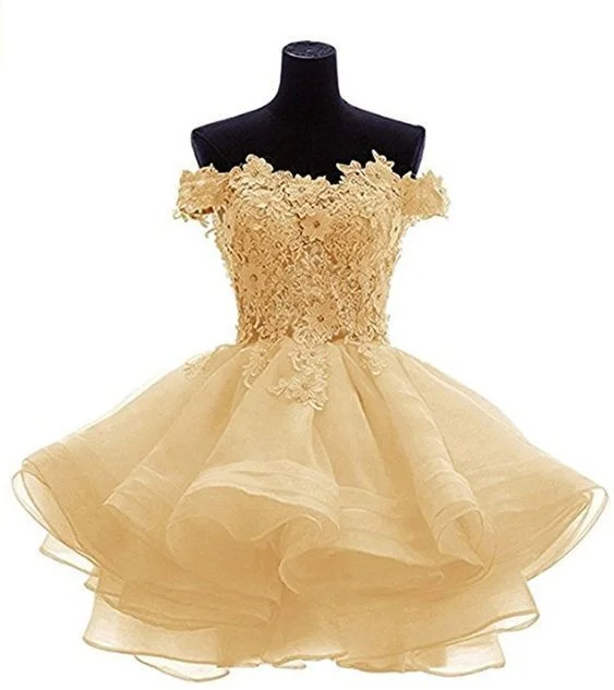 Best Deals Just for You!Elegant Yellow Appliques Tulle  Dress, Ruffles Off Shoulder Short Homecoming Dress cg2063