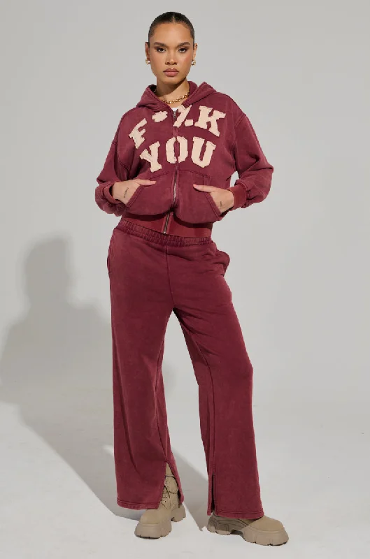 Your Discount is Waiting!GRAPHIC LANGUAGE MINERAL WASH SWEAT PANT IN BURGUNDY