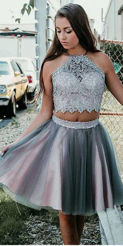 Shop Smart, Save Big!Grey Short Two Piece Halter Homecoming Party Dress with Lace cg2105