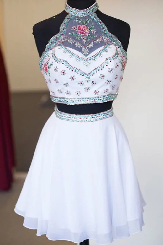Your Exclusive Offer Awaits!High Neck Two Piece Homecoming Dress, Short White Floal Homecoming Dresses, 2019 Homecoming Dresses  cg2121