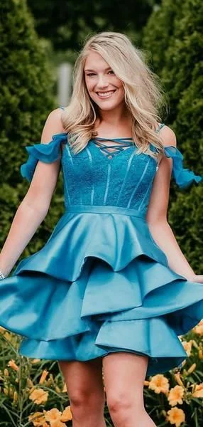 Bigger Savings, Better Shopping!Ice Blue Off Shoudler Lace Satin Charming Homecoming Dresses  cg2261