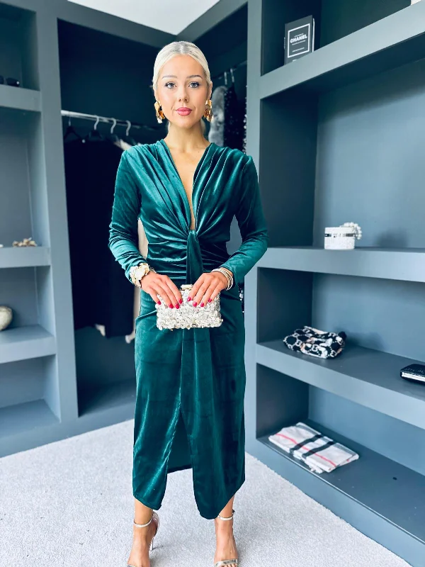 Upgrade for Less!Kelly Velvet Drape Detail Dress Forest