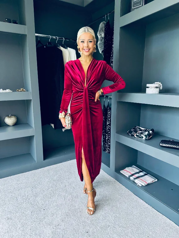 The Sale You’ve Been Waiting For!Kelly Velvet Drape Detail Dress Wine