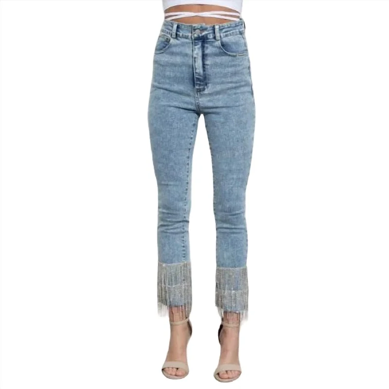 Flash Deals – Act Quickly!Layered Rhinestone Fringe Denim Pants In Denim Blue