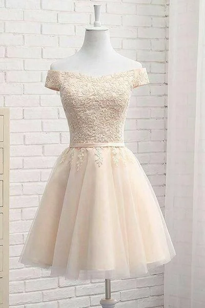 Amazing Prices You Can’t Resist!Light Champagne Off Shoulder Short Tulle Homecoming Dress cg2052