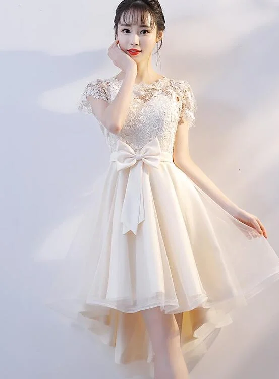 Everything Must Go!Lovely Champagne Tulle High Low Party Dress, Cute Lace Homecoming Dress With Bow cg2090